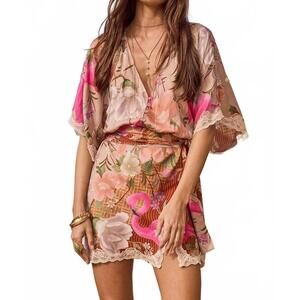 Spell Vibrant Floral Mini Dress in Pink and Tan